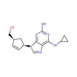 Nc1nc(NC2CC2)c2ncn([C@H]3C=C[C@@H](CO)C3)c2n1 ZINC000002015928