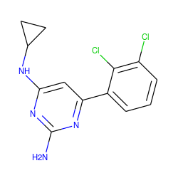 Nc1nc(NC2CC2)cc(-c2cccc(Cl)c2Cl)n1 ZINC000098208168