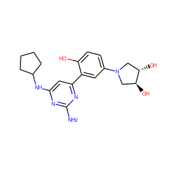 Nc1nc(NC2CCCC2)cc(-c2cc(N3C[C@H](O)[C@@H](O)C3)ccc2O)n1 ZINC000072109262