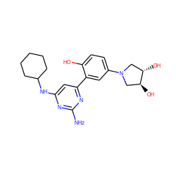 Nc1nc(NC2CCCCC2)cc(-c2cc(N3C[C@H](O)[C@@H](O)C3)ccc2O)n1 ZINC000072109205