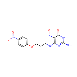 Nc1nc(NCCCOc2ccc([N+](=O)[O-])cc2)c(N=O)c(=O)[nH]1 ZINC000027738955