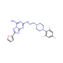 Nc1nc(NCCN2CCN(c3c(F)cc(F)cc3F)CC2)nc2nc(-c3ccco3)nn12 ZINC000028383193