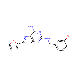 Nc1nc(NCc2cccc(O)c2)nc2sc(-c3ccco3)nc12 ZINC001772584027