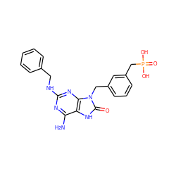 Nc1nc(NCc2ccccc2)nc2c1[nH]c(=O)n2Cc1cccc(CP(=O)(O)O)c1 ZINC000040939867