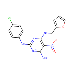 Nc1nc(Nc2ccc(Cl)cc2)nc(NCc2ccco2)c1[N+](=O)[O-] ZINC000017207776