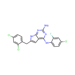 Nc1nc(Nc2ccc(Cl)cc2F)c2cc(Cc3ccc(Cl)cc3Cl)[nH]c2n1 ZINC000049071067