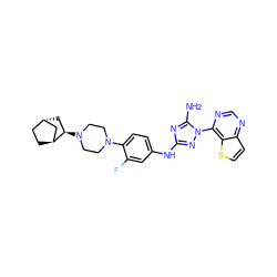 Nc1nc(Nc2ccc(N3CCN([C@@H]4C[C@H]5CC[C@H]4C5)CC3)c(F)c2)nn1-c1ncnc2ccsc12 ZINC001772637229