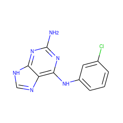 Nc1nc(Nc2cccc(Cl)c2)c2nc[nH]c2n1 ZINC000009048818