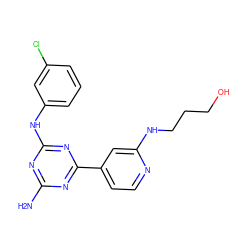 Nc1nc(Nc2cccc(Cl)c2)nc(-c2ccnc(NCCCO)c2)n1 ZINC000003937626