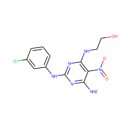 Nc1nc(Nc2cccc(Cl)c2)nc(NCCO)c1[N+](=O)[O-] ZINC000009411357