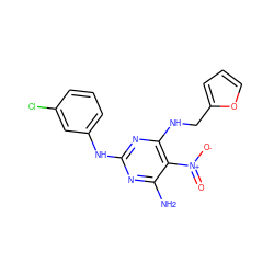 Nc1nc(Nc2cccc(Cl)c2)nc(NCc2ccco2)c1[N+](=O)[O-] ZINC000009329272