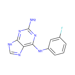Nc1nc(Nc2cccc(F)c2)c2nc[nH]c2n1 ZINC000009575540
