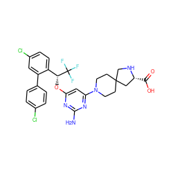 Nc1nc(O[C@H](c2ccc(Cl)cc2-c2ccc(Cl)cc2)C(F)(F)F)cc(N2CCC3(CC2)CN[C@H](C(=O)O)C3)n1 ZINC001772637101