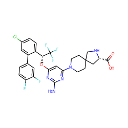 Nc1nc(O[C@H](c2ccc(Cl)cc2-c2ccc(F)c(F)c2)C(F)(F)F)cc(N2CCC3(CC2)CN[C@H](C(=O)O)C3)n1 ZINC001772634834