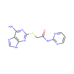 Nc1nc(SCC(=O)Nc2ncccn2)nc2[nH]cnc12 ZINC000004676188