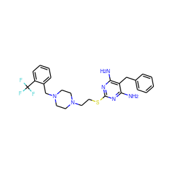 Nc1nc(SCCN2CCN(Cc3ccccc3C(F)(F)F)CC2)nc(N)c1Cc1ccccc1 ZINC000022941221