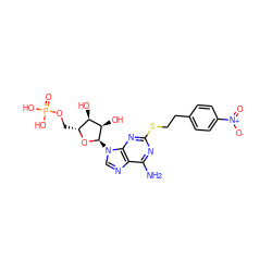 Nc1nc(SCCc2ccc([N+](=O)[O-])cc2)nc2c1ncn2[C@H]1O[C@H](COP(=O)(O)O)[C@@H](O)[C@H]1O ZINC000049774370