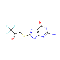 Nc1nc2[nH]c(SC[C@H](O)C(F)(F)F)nc2c(=O)[nH]1 ZINC000653870715