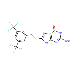 Nc1nc2[nH]c(SCc3cc(C(F)(F)F)cc(C(F)(F)F)c3)nc2c(=O)[nH]1 ZINC000653903324