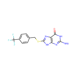 Nc1nc2[nH]c(SCc3ccc(C(F)(F)F)cc3)nc2c(=O)[nH]1 ZINC000653903303