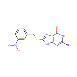 Nc1nc2[nH]c(SCc3cccc([N+](=O)[O-])c3)nc2c(=O)[nH]1 ZINC000653915603