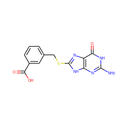 Nc1nc2[nH]c(SCc3cccc(C(=O)O)c3)nc2c(=O)[nH]1 ZINC000653915621