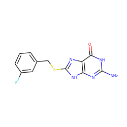 Nc1nc2[nH]c(SCc3cccc(F)c3)nc2c(=O)[nH]1 ZINC000653864095