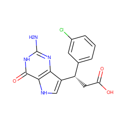 Nc1nc2c([C@@H](CC(=O)O)c3cccc(Cl)c3)c[nH]c2c(=O)[nH]1 ZINC000096347864