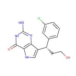 Nc1nc2c([C@@H](CCO)c3cccc(Cl)c3)c[nH]c2c(=O)[nH]1 ZINC000027203559