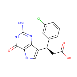 Nc1nc2c([C@H](CC(=O)O)c3cccc(Cl)c3)c[nH]c2c(=O)[nH]1 ZINC000096347863