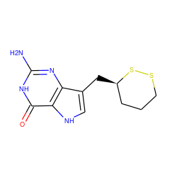 Nc1nc2c(C[C@@H]3CCCSS3)c[nH]c2c(=O)[nH]1 ZINC000013831880