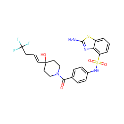 Nc1nc2c(S(=O)(=O)Nc3ccc(C(=O)N4CCC(O)(/C=C/CC(F)(F)F)CC4)cc3)cccc2s1 ZINC000221277389