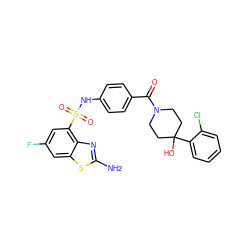 Nc1nc2c(S(=O)(=O)Nc3ccc(C(=O)N4CCC(O)(c5ccccc5Cl)CC4)cc3)cc(F)cc2s1 ZINC000217617273