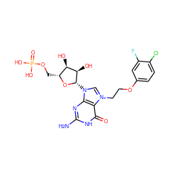 Nc1nc2c(c(=O)[nH]1)[n+](CCOc1ccc(Cl)c(F)c1)cn2[C@@H]1O[C@H](COP(=O)(O)O)[C@@H](O)[C@H]1O ZINC000084759181