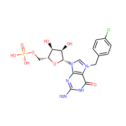 Nc1nc2c(c(=O)[nH]1)[n+](Cc1ccc(Cl)cc1)cn2[C@@H]1O[C@H](COP(=O)(O)O)[C@@H](O)[C@H]1O ZINC000049089075