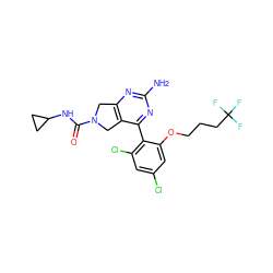 Nc1nc2c(c(-c3c(Cl)cc(Cl)cc3OCCCC(F)(F)F)n1)CN(C(=O)NC1CC1)C2 ZINC000071316773