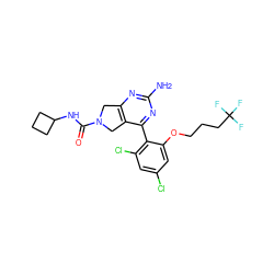 Nc1nc2c(c(-c3c(Cl)cc(Cl)cc3OCCCC(F)(F)F)n1)CN(C(=O)NC1CCC1)C2 ZINC000043197651