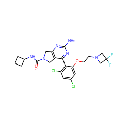 Nc1nc2c(c(-c3c(Cl)cc(Cl)cc3OCCN3CC(F)(F)C3)n1)CN(C(=O)NC1CCC1)C2 ZINC000071316515