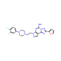 Nc1nc2c(cnn2CCN2CCN(c3ccc(F)c(F)c3)CC2)c2nc(-c3ccco3)nn12 ZINC000028891803