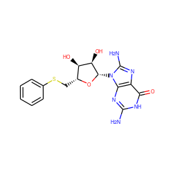 Nc1nc2c(nc(N)n2[C@@H]2O[C@H](CSc3ccccc3)[C@@H](O)[C@H]2O)c(=O)[nH]1 ZINC000013826480