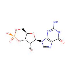 Nc1nc2c(ncn2[C@@H]2O[C@@H]3CO[P@](=O)(O)O[C@H]3[C@H]2O)c(=O)[nH]1 ZINC000004095501