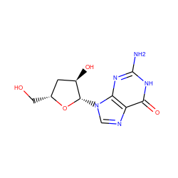 Nc1nc2c(ncn2[C@@H]2O[C@H](CO)C[C@H]2O)c(=O)[nH]1 ZINC000006119279