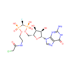 Nc1nc2c(ncn2[C@@H]2O[C@H](CO[P@](=O)(O)[C@H](F)[P@](=O)(O)OCCNC(=O)CCl)[C@@H](O)[C@H]2O)c(=O)[nH]1 ZINC001772618840