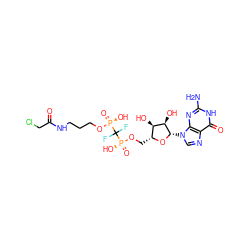 Nc1nc2c(ncn2[C@@H]2O[C@H](CO[P@](=O)(O)C(F)(F)[P@](=O)(O)OCCCNC(=O)CCl)[C@@H](O)[C@H]2O)c(=O)[nH]1 ZINC001772605831