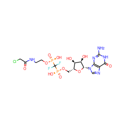 Nc1nc2c(ncn2[C@@H]2O[C@H](CO[P@](=O)(O)C(F)(F)[P@](=O)(O)OCCNC(=O)CCl)[C@@H](O)[C@H]2O)c(=O)[nH]1 ZINC001772611394