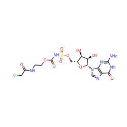 Nc1nc2c(ncn2[C@@H]2O[C@H](COS(=O)(=O)NC(=O)OCCNC(=O)CCl)[C@@H](O)[C@H]2O)c(=O)[nH]1 ZINC000220917910