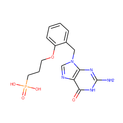 Nc1nc2c(ncn2Cc2ccccc2OCCCP(=O)(O)O)c(=O)[nH]1 ZINC000013834095