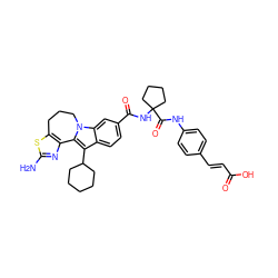 Nc1nc2c(s1)CCCn1c-2c(C2CCCCC2)c2ccc(C(=O)NC3(C(=O)Nc4ccc(/C=C/C(=O)O)cc4)CCCC3)cc21 ZINC000059826669