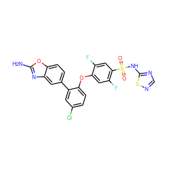 Nc1nc2cc(-c3cc(Cl)ccc3Oc3cc(F)c(S(=O)(=O)Nc4ncns4)cc3F)ccc2o1 ZINC000205514349