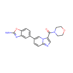 Nc1nc2cc(-c3ccc4ncc(C(=O)N5CCOCC5)n4c3)ccc2o1 ZINC000146965425